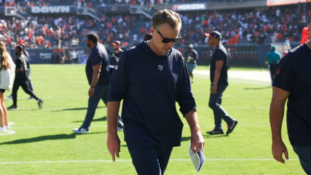 Bears coach Matt Eberflus walks off the field after a 31-28 loss to the Broncos on Oct. 1, 2023, at Soldier Field. (Eileen T. Meslar/Chicago Tribune)