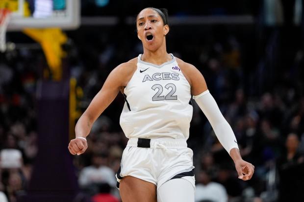 Aces center A'ja Wilson reacts after scoring during the first half of a game against the Sparks on June 9, 2024, in Los Angeles. (AP Photo/Ryan Sun)