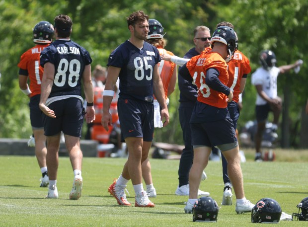 Chicago Bears tight end Cole Kmet (85) works out Thursday, May 23, 2024, during OTAs at Halas Hall. (Brian Cassella/Chicago Tribune)