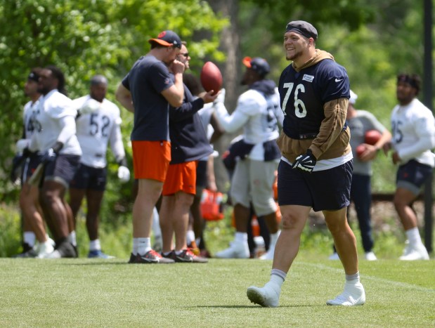 Chicago Bears offensive tackle Teven Jenkins (76) works out Thursday, May 23, 2024, during OTAs at Halas Hall. (Brian Cassella/Chicago Tribune)