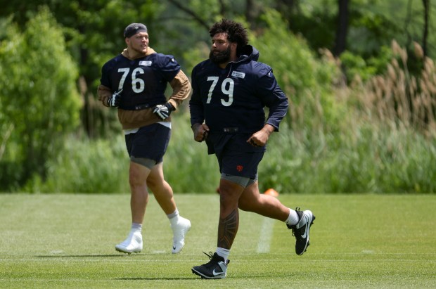 Chicago Bears offensive lineman Matt Pryor (79) works out Thursday, May 23, 2024, during OTAs at Halas Hall. (Brian Cassella/Chicago Tribune)