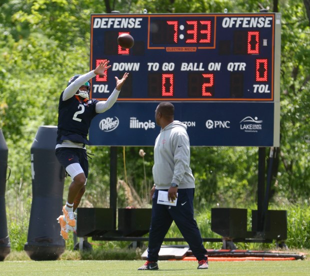 Chicago Bears wide receiver DJ Moore (2) makes a catch Thursday, May 23, 2024, during OTAs at Halas Hall. (Brian Cassella/Chicago Tribune)