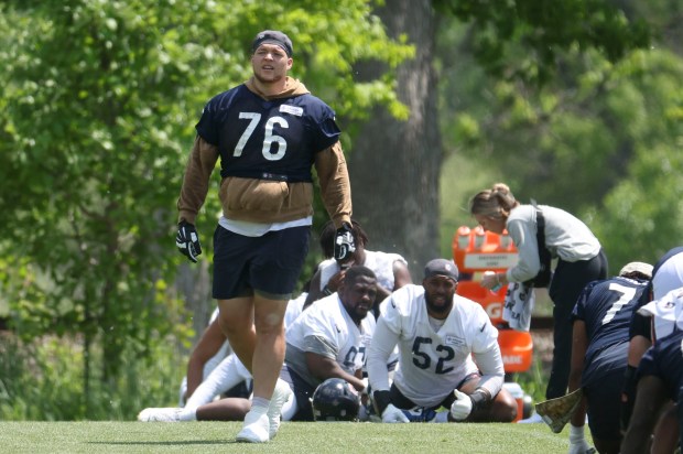 Chicago Bears offensive tackle Teven Jenkins (76) works out Thursday, May 23, 2024, during OTAs at Halas Hall. (Brian Cassella/Chicago Tribune)