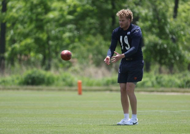 Chicago Bears punter Tory Taylor works out Thursday, May 23, 2024, during OTAs at Halas Hall. (Brian Cassella/Chicago Tribune)