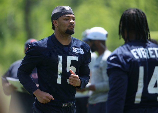 Chicago Bears wide receiver Rome Odunze works out Thursday, May 23, 2024, during OTAs at Halas Hall. (Brian Cassella/Chicago Tribune)