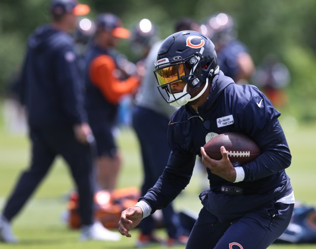 Chicago Bears wide receiver DJ Moore (2) participates in Organized Team Activities at Halas Hall in Lake Forest on Friday, May 31, 2024. (Chris Sweda/Chicago Tribune)