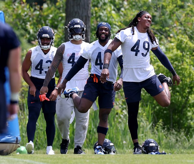 Bears linebacker Tremaine Edmunds (49) has a laugh on the field during OTAs at Halas Hall on May 31, 2024. (Chris Sweda/Chicago Tribune)