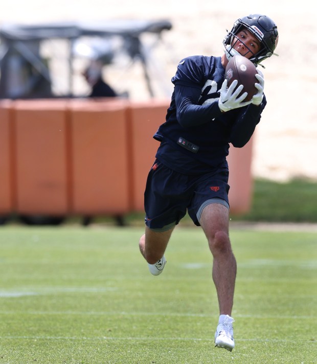 Chicago Bears wide receiver Peter LeBlanc (82) catches a pass during Organized Team Activities at Halas Hall in Lake Forest on Friday, May 31, 2024. (Chris Sweda/Chicago Tribune)