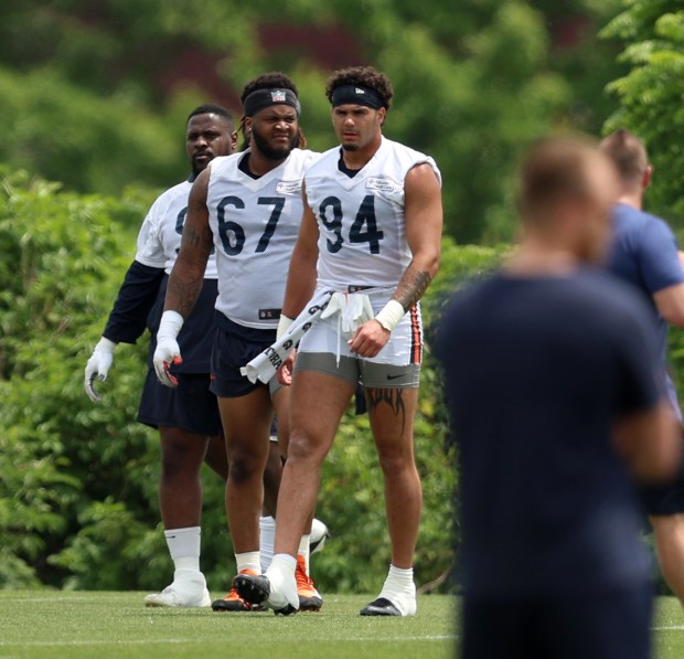 Chicago Bears defensive tackle Keith Randolph Jr. (67) and defensive lineman Austin Booker (94) during minicamp today at Halas Hall on June 4, 2024, in Lake Forest. (Stacey Wescott/Chicago Tribune)