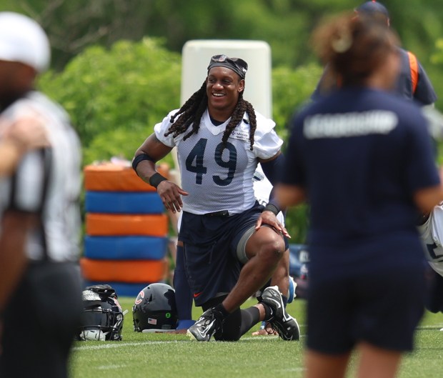 Chicago Bears linebacker Tremaine Edmunds (49) is all smiles during minicamp at Halas Hall on June 4, 2024, in Lake Forest. (Stacey Wescott/Chicago Tribune)