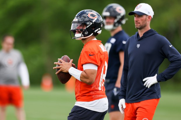 Chicago Bears quarterback Caleb Williams (18) during minicamp at Halas Hall in Lake Forest on June 5, 2024. (Eileen T. Meslar/Chicago Tribune)