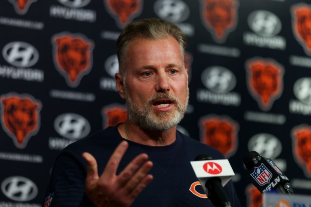 Bears coach Matt Eberflus speaks during a news conference after minicamp at Halas Hall on June 5, 2024, in Lake Forest. (Eileen T. Meslar/Chicago Tribune)