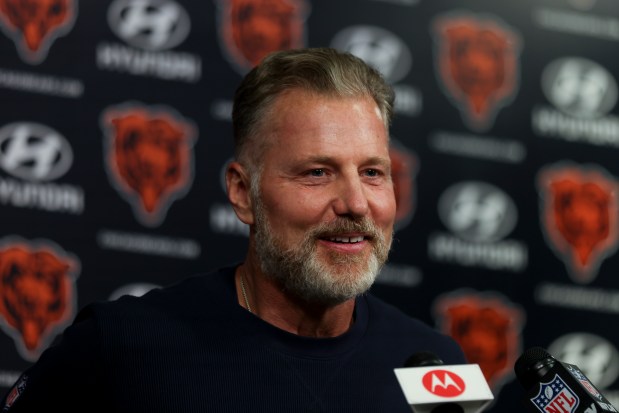 Bears coach Matt Eberflus speaks during a news conference after minicamp at Halas Hall on June 5, 2024, in Lake Forest. (Eileen T. Meslar/Chicago Tribune)