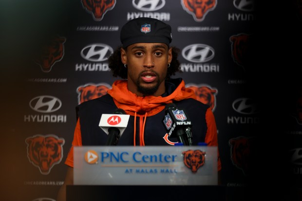 Bears cornerback Kyler Gordon answers questionsduring a news conference after minicamp at Halas Hall on June 5, 2024, in Lake Forest. (Eileen T. Meslar/Chicago Tribune)