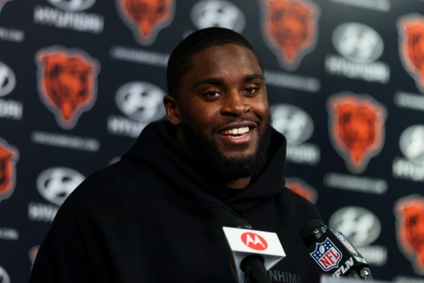 Bears cornerback Jaylon Johnson answers questions during a news conference after minicamp at Halas Hall on June 5, 2024, in Lake Forest. (Eileen T. Meslar/Chicago Tribune)