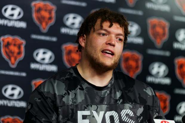 Bears guard Teven Jenkins answers questions during a news conference after minicamp at Halas Hall on June 5, 2024, in Lake Forest. (Eileen T. Meslar/Chicago Tribune)