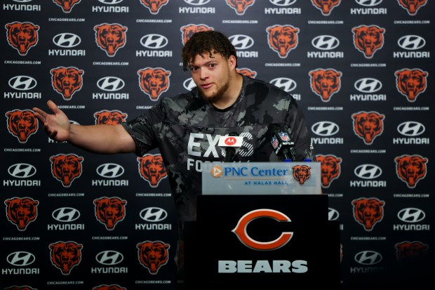 Bears guard Teven Jenkins answers questionsduring a news conference after minicamp at Halas Hall on June 5, 2024, in Lake Forest. (Eileen T. Meslar/Chicago Tribune)