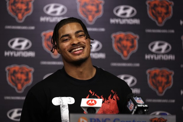 Chicago Bears safety Jaquan Brisker (9) speaks with the media following minicamp at Halas Hall on June 6, 2024, in Lake Forest (Stacey Wescott/Chicago Tribune)