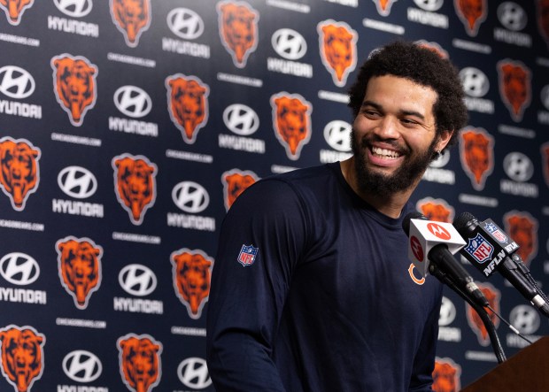 Bears quarterback Caleb Williams speaks with the media in the PNC Center at Halas Hall on June 12, 2024, in Lake Forest (Stacey Wescott/Chicago Tribune)