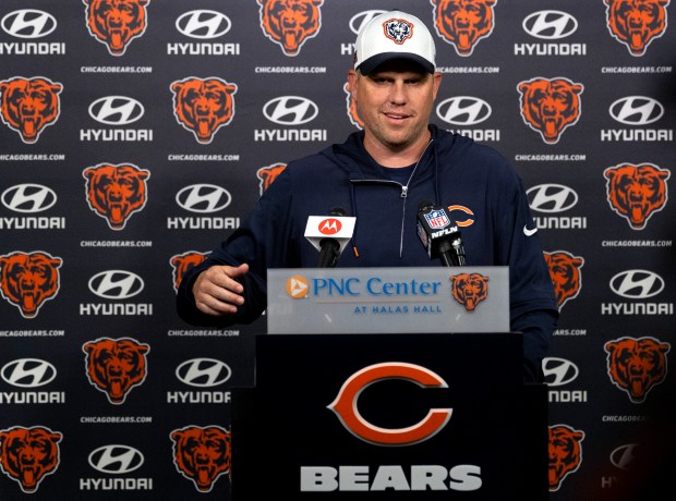 Bears offensive coordinator Shane Waldron speaks with the media in the PNC Center at Halas Hall on June 12, 2024, in Lake Forest (Stacey Wescott/Chicago Tribune)