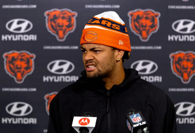 Bears wide receiver Rome Odunze speaks with the media in the PNC Center at Halas Hall on June 12, 2024, in Lake Forest (Stacey Wescott/Chicago Tribune)