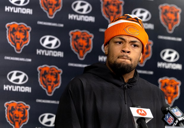 Bears wide receiver Rome Odunze speaks with the media in the PNC Center at Halas Hall on June 12, 2024, in Lake Forest (Stacey Wescott/Chicago Tribune)