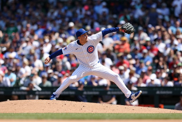 Cubs pitcher Hayden Wesneski throws against the Braves in the fifth inning at Wrigley Field on May 23, 2024. (John J. Kim/Chicago Tribune)