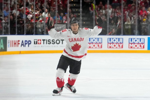 Canada's Connor Bedard celebrates a goal during a semifinal match against Switzerland at the IIHF World Championship in Prague, Czech Republic, on May 25, 2024. (AP Photo/Petr David Josek)