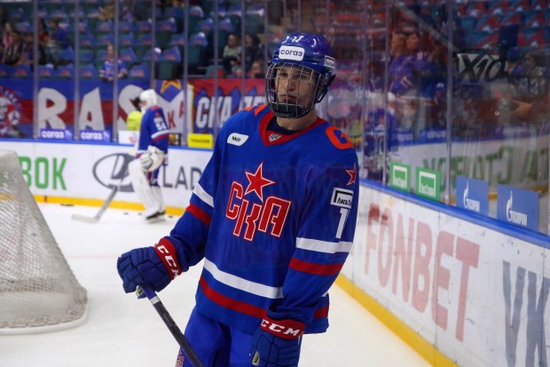 SKA St. Petersburg's Ivan Demidov in action during a Kontinental Hockey League game against Spartak Moscow at the Ice Sports Palace.(Maksim Konstantinov/SOPA Images)