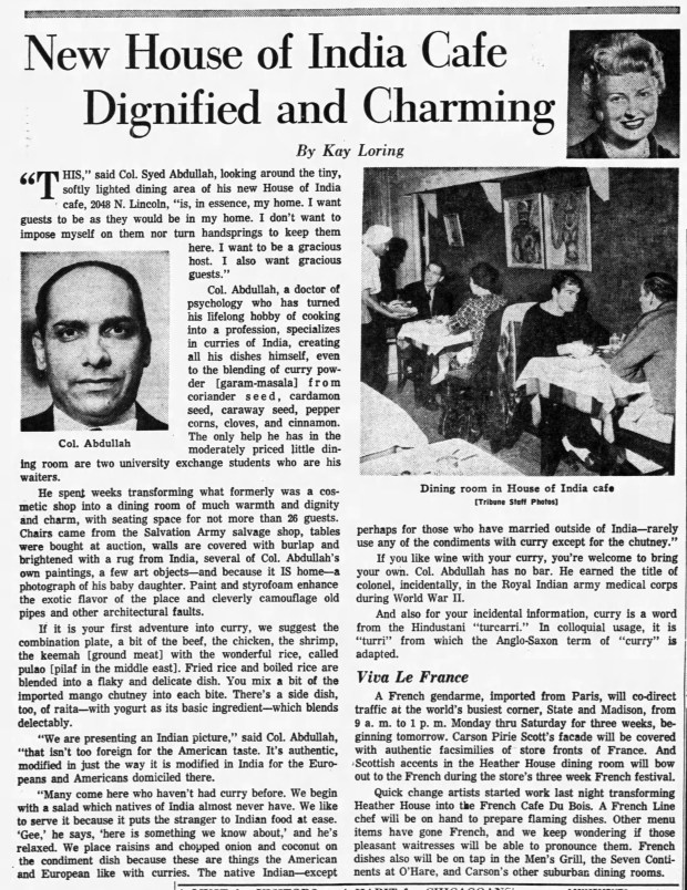 The Chicago Tribune wrote about the new House of India restaurant on Sept. 22, 1963. (Chicago Tribune)