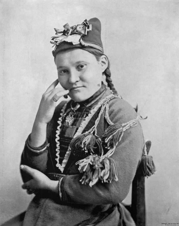 Gunild Blodoxe, a Laplander wearing traditional clothing, at the 1893 World's Columbian Exposition in Chicago. This image was published in the book "Oriental and Occidental Northern and Southern Portrait Types of the Midway Plaisance," by N.D. Thompson Publishing Company, 1894. (Museum of Science and Industry/Getty)