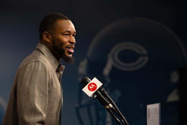 Kevin Byard speaks with the media about joining the Bears on March 14, 2024. (Stacey Wescott/Chicago Tribune)