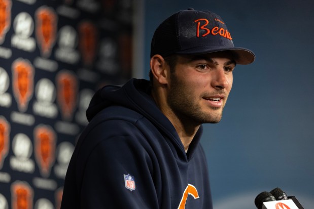 Chicago Bears tight end Cole Kmet speaks with the media following the first day of minicamp at Halas Hall on June 4, 2024, in Lake Forest. (Stacey Wescott/Chicago Tribune)