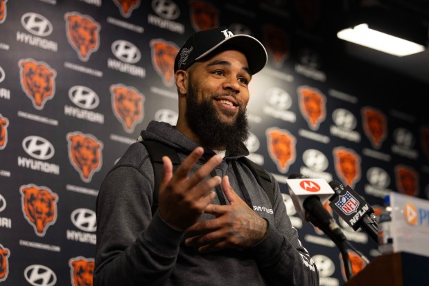 Chicago Bears wide receiver Keenan Allen speaks with the media following the first day of minicamp at Halas Hall on June 4, 2024, in Lake Forest. (Stacey Wescott/Chicago Tribune)