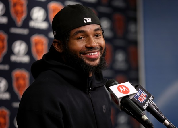 Chicago Bears running back D'Andre Swift (4) answers questions from the media following Organized Team Activities at Halas Hall in Lake Forest on Friday, May 31, 2024. (Chris Sweda/Chicago Tribune)