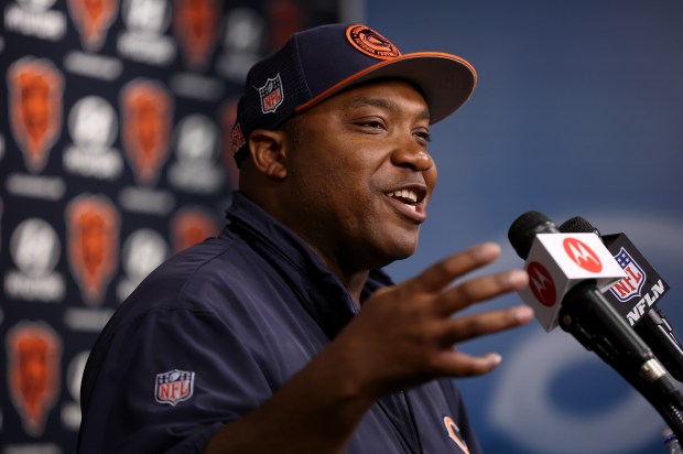 Chicago Bears special teams coordinator Richard Hightower answers questions from the media following Organized Team Activities at Halas Hall in Lake Forest on Friday, May 31, 2024. (Chris Sweda/Chicago Tribune)