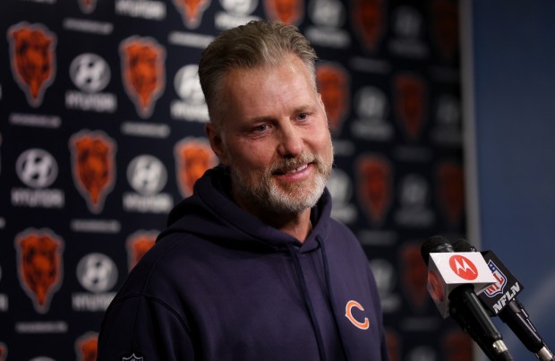 Bears coach Matt Eberflus answers questions from the media following OTAs at Halas Hall on May 31, 2024. (Chris Sweda/Chicago Tribune)