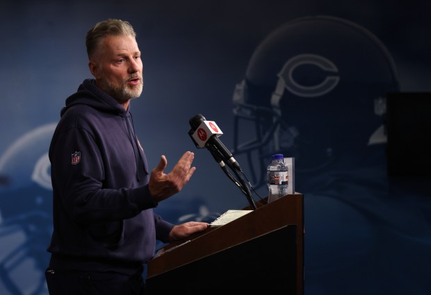 d coach Matt Eberflus answers questions from the media following Organized Team Activities at Halas Hall in Lake Forest on Friday, May 31, 2024. (Chris Sweda/Chicago Tribune)