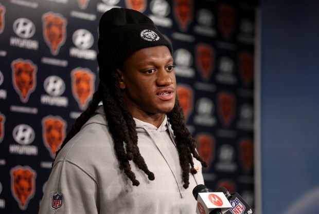 Chicago Bears linebacker Tremaine Edmunds (49) answers questions from the media following Organized Team Activities at Halas Hall in Lake Forest on Friday, May 31, 2024. (Chris Sweda/Chicago Tribune)