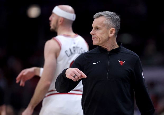 Bulls coach Billy Donovan directs his team against the Knicks on April 9, 2024, at the United Center. (Chris Sweda/Chicago Tribune)