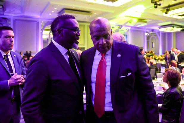 Chicago Bears President and CEO Kevin Warren speaks to Mayor Brandon Johnson during the 120th Annual Meeting of the Chicagoland Chamber of Commerce at the Hilton in the Loop on June 4, 2024. (Eileen T. Meslar/Chicago Tribune)