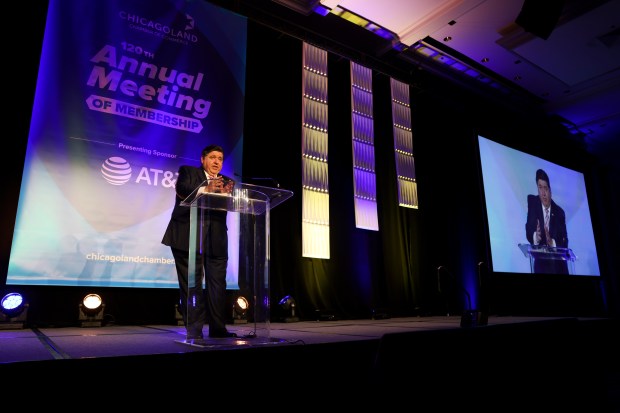 Gov. J.B. Pritzker speaks during the 120th Annual Meeting of the Chicagoland Chamber of Commerce at the Hilton in the Loop on June 4, 2024. (Eileen T. Meslar/Chicago Tribune)