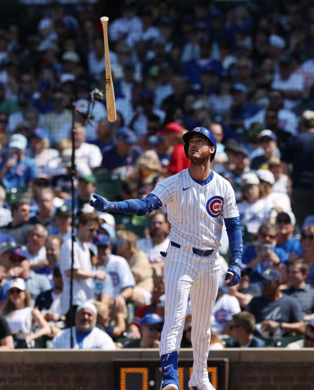 Cubs centerfielder Cody Bellinger flips the bat after striking out in the sixth inning against the Braves at Wrigley Field on May 23, 2024. (John J. Kim/Chicago Tribune)