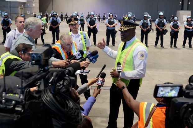 Police Superintendent Larry Snelling talks with the media as the Chicago Police Department trains at McCormick Place, on June 6, 2024, in preparation for the Democratic National Convention in August. The officers at the training session are among 2,500 officers who will be on the front lines during the DNC. (Antonio Perez/Chicago Tribune)