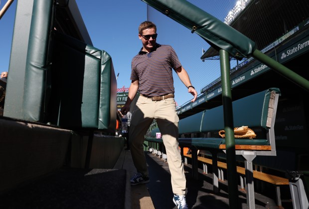 White Sox general manager Chris Getz walks through the visitors dugout before a game against the Cubs at Wrigley Field on June 5, 2024, in Chicago. (John J. Kim/Chicago Tribune)