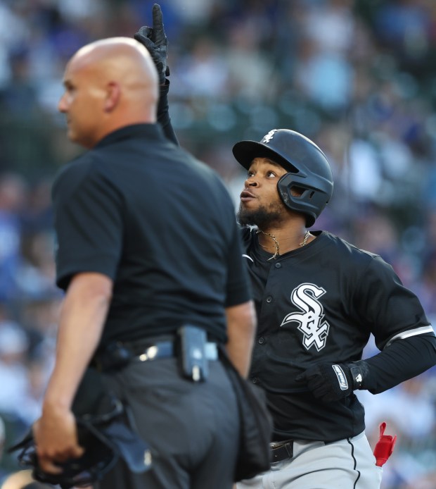 White Sox left fielder Corey Julks reaches the plate after hitting a home run on the first pitch of the game against the Cubs at Wrigley Field on June 5, 2024, in Chicago. (John J. Kim/Chicago Tribune)