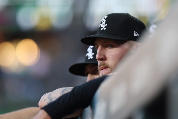 White Sox pitcher Garrett Crochet watches the fourth inning against the Cubs at Wrigley Field on June 5, 2024, in Chicago. (John J. Kim/Chicago Tribune)