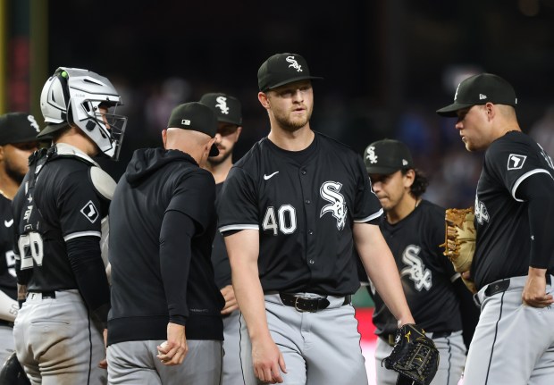 White Sox pitcher Michael Soroka (40) is taken out of the game in the seventh inning against the Cubs at Wrigley Field on June 5, 2024, in Chicago. (John J. Kim/Chicago Tribune)