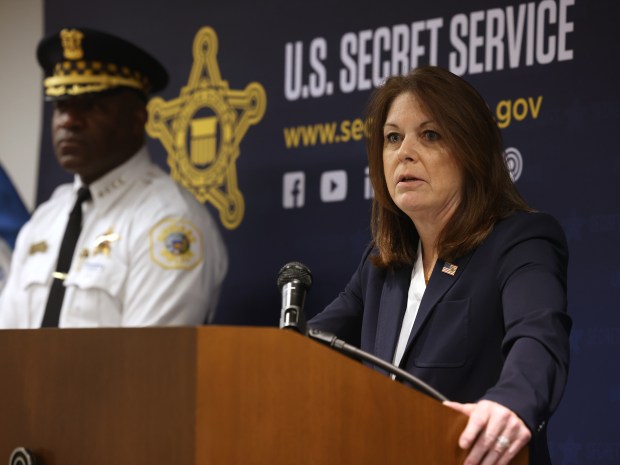 U.S. Secret Service Director Kimberly Cheatle and Chicago Police Superintendent Larry Snelling discuss security planning and preparations for the upcoming Democratic National Convention in Chicago during a press conference at the Secret Service's Chicago field office on June 4, 2024. (Antonio Perez/Chicago Tribune)