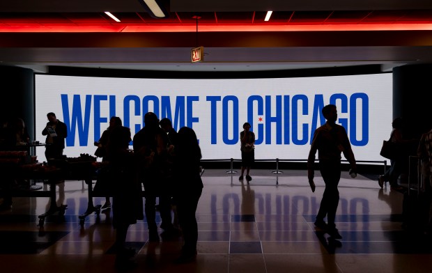 Signage is displayed during a walk-through of the Democratic National Convention on May 22, 2024, at the United Center. (Brian Cassella/Chicago Tribune)